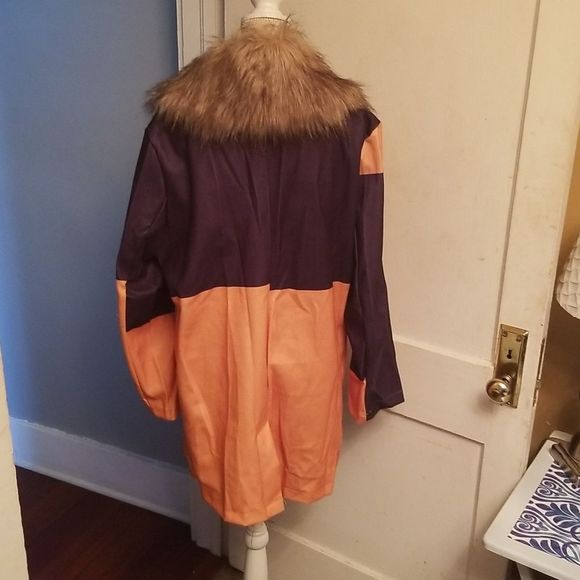 Womens Orange & Navy Color Block  Faux Fur Removable Collar Coat New Wool Look L - Picture 7 of 13